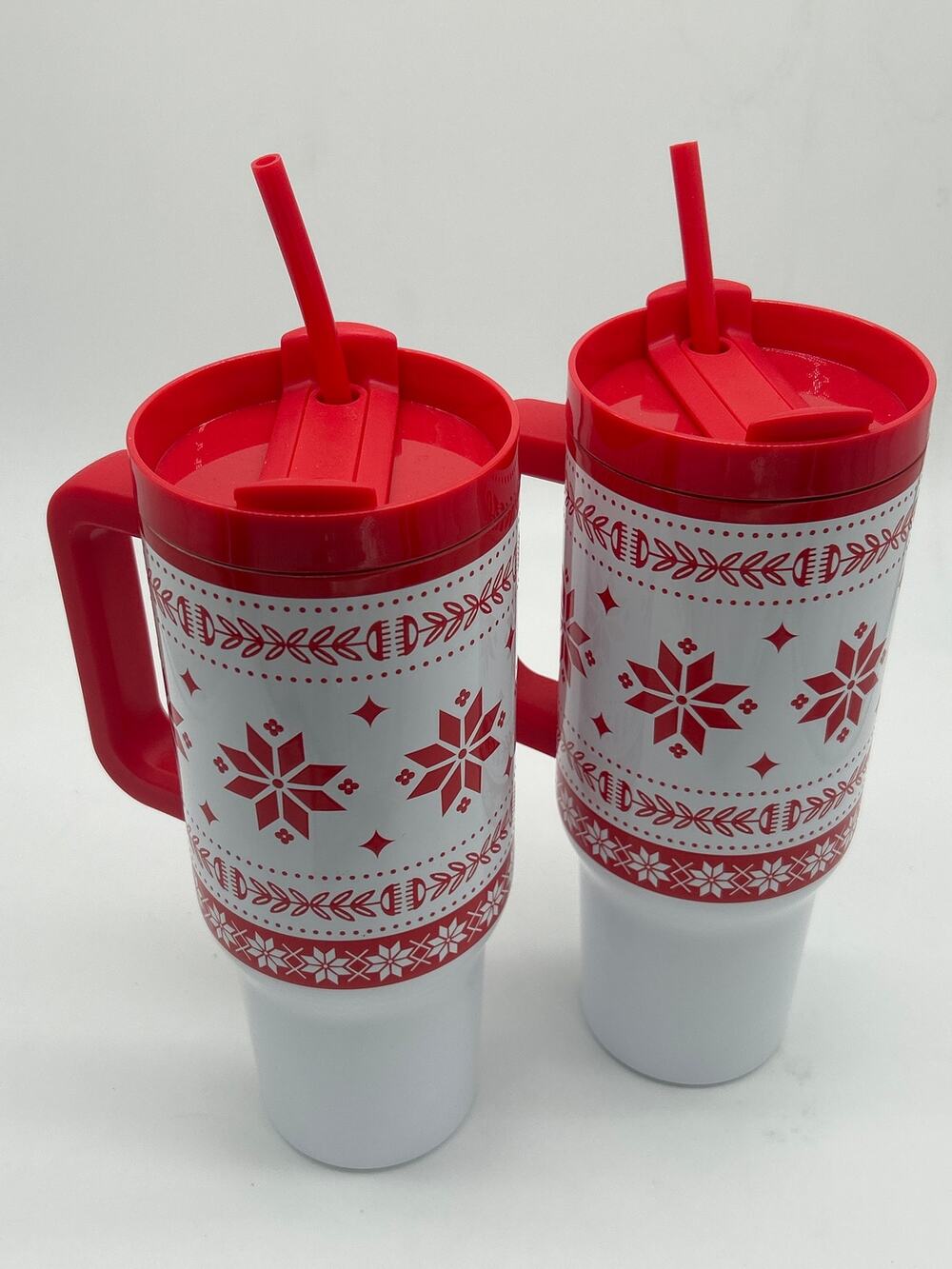 Sleigh Bell Bistro Christmas 40 oz Tumbler Set of 2 Snowflake Red White Holiday
